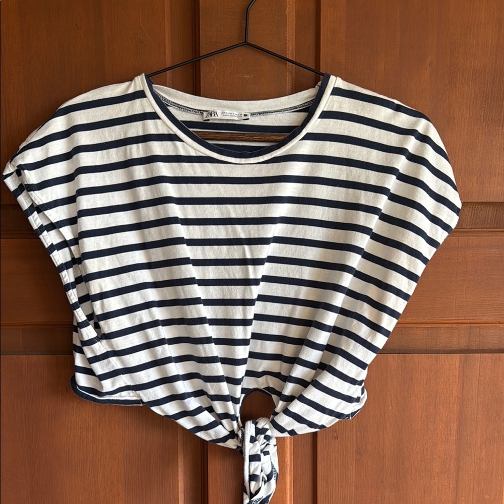 Zara Black and White Striped Knot Front Tee